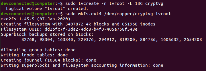 create logical volume and mkfs