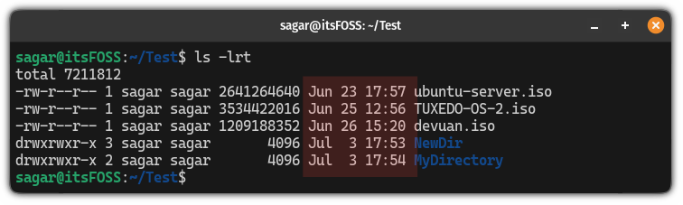 Using ls -lrt command