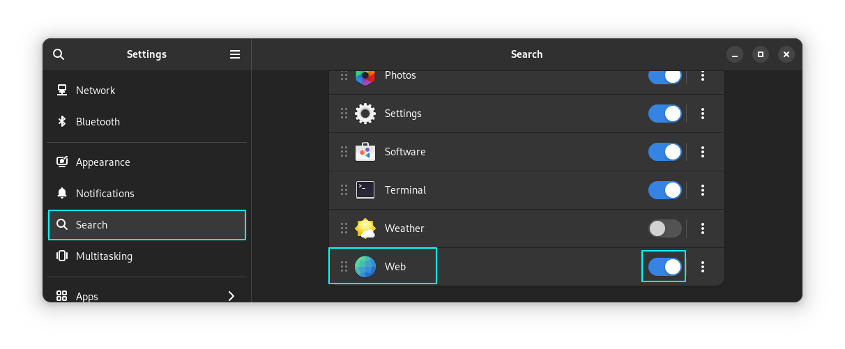 GNOME Web s listed as an entry in search settings in system settings
