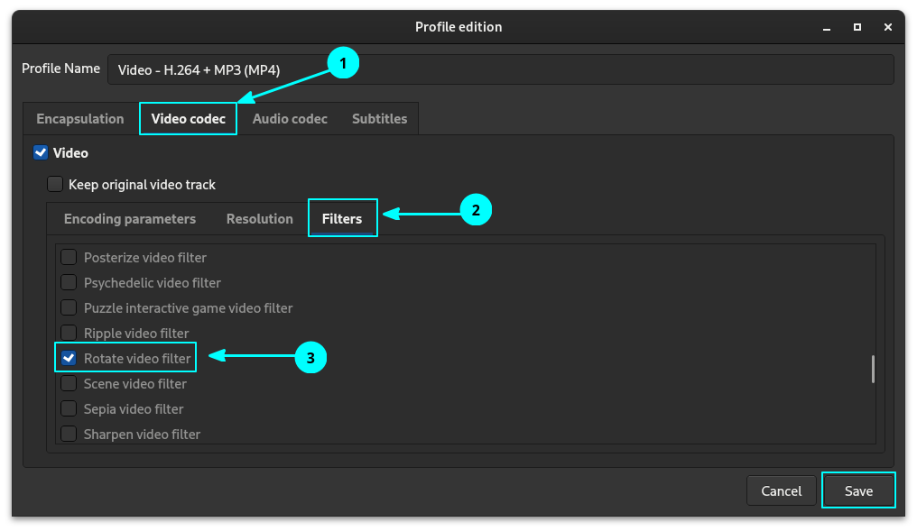 Inside the Configuration file, go to the Filters Tab in Video Codec section. Fro there, apply the filters as needed.