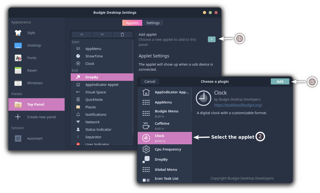 Add applet in budgie desktop environment