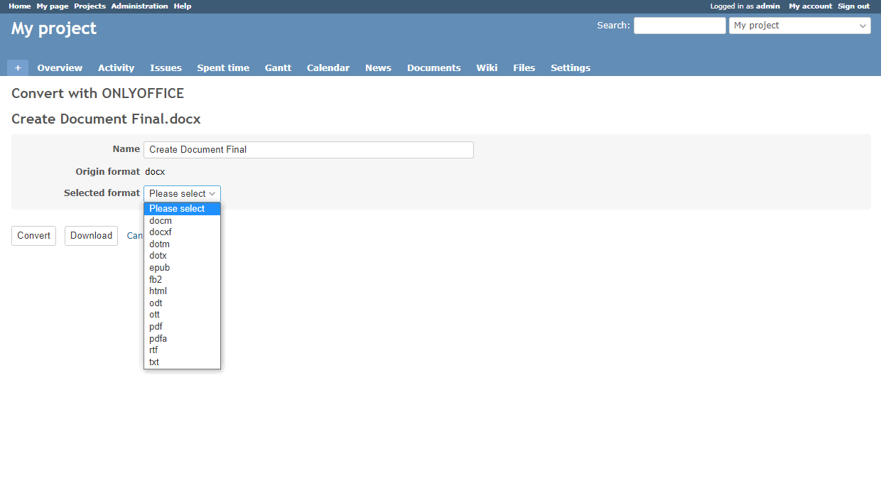 Convert with OnlyOffice in Redmine