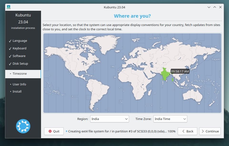 kubuntu installation screenshot setting the timezone