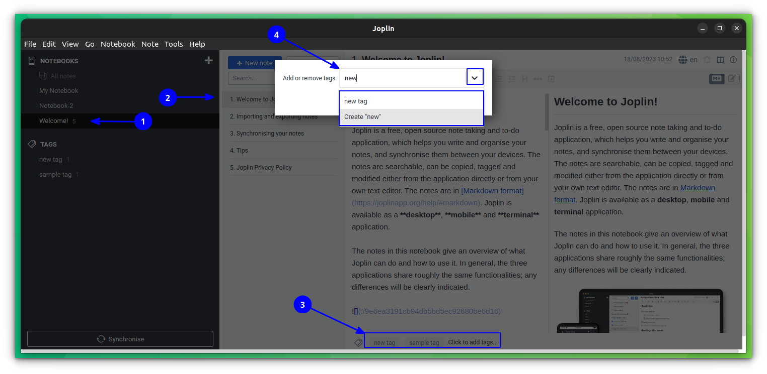 Apply existing tags or create new tags in Joplin