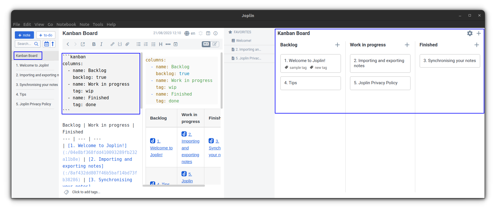 A Kanban Board note in Joplin
