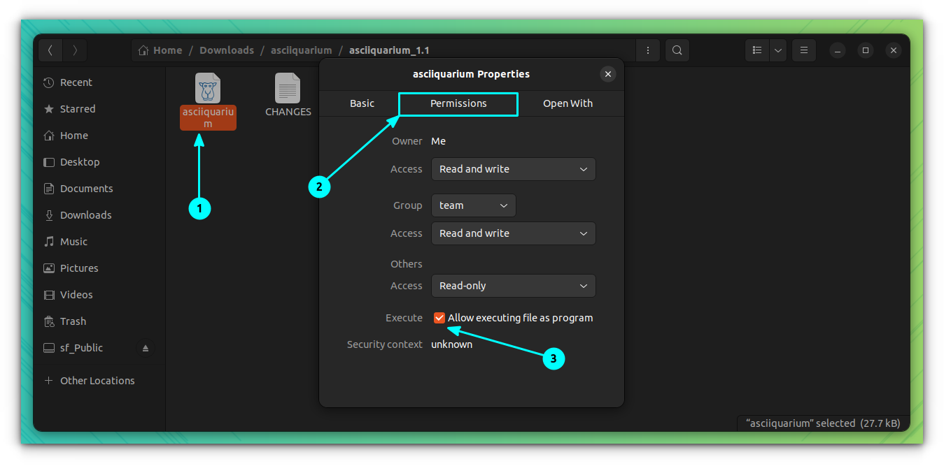 Execution permission for Asciiquarium through Nautilus File Manager