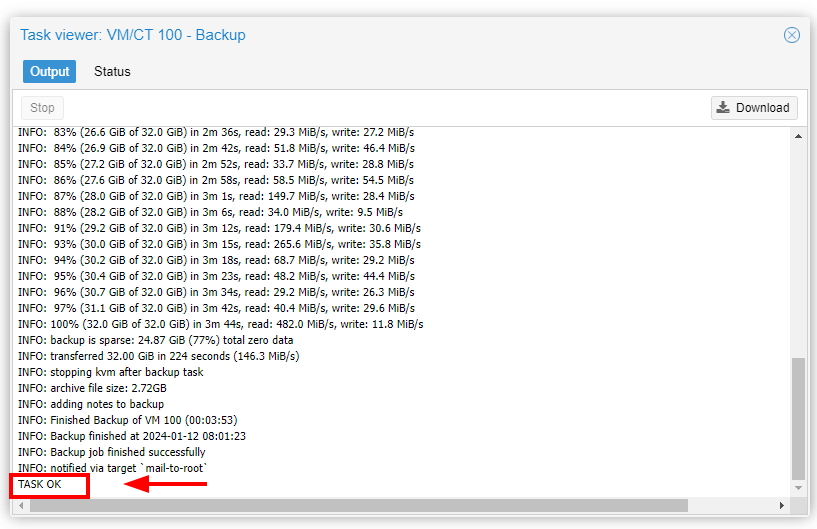 Proxmox VM Backup Completes