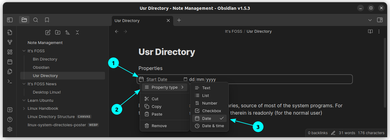 Set the Type of the Property you added to Date, Number, etc.