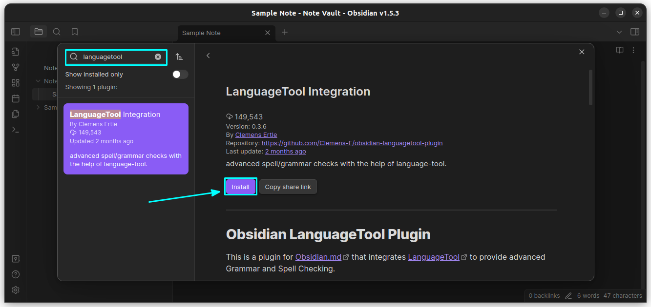 Install LanuageTool Plugin on Obsidian