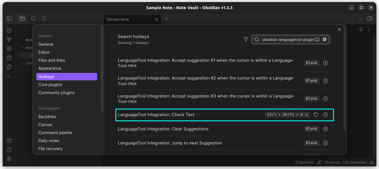 Set a hotkey for Check text in LanguageTool plugins hotkeys.