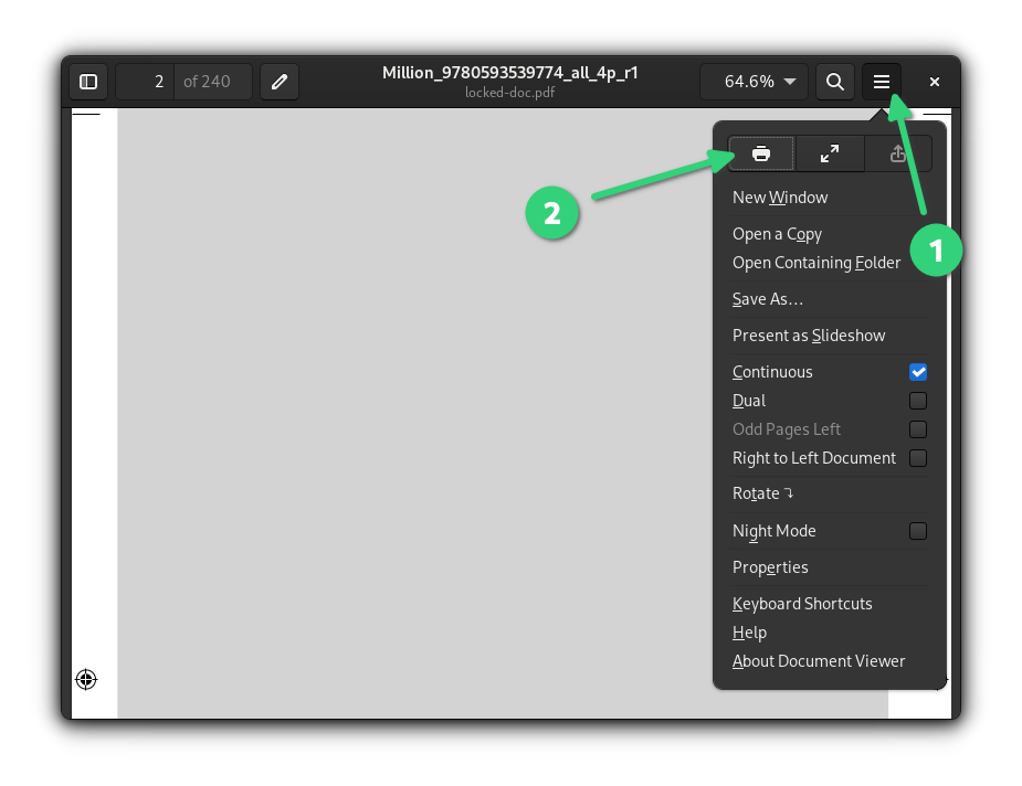 Print option in document viewer in GNOME in Linux