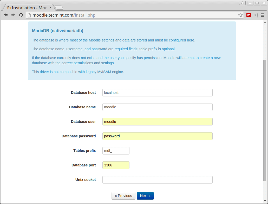 Moodle Database Settings