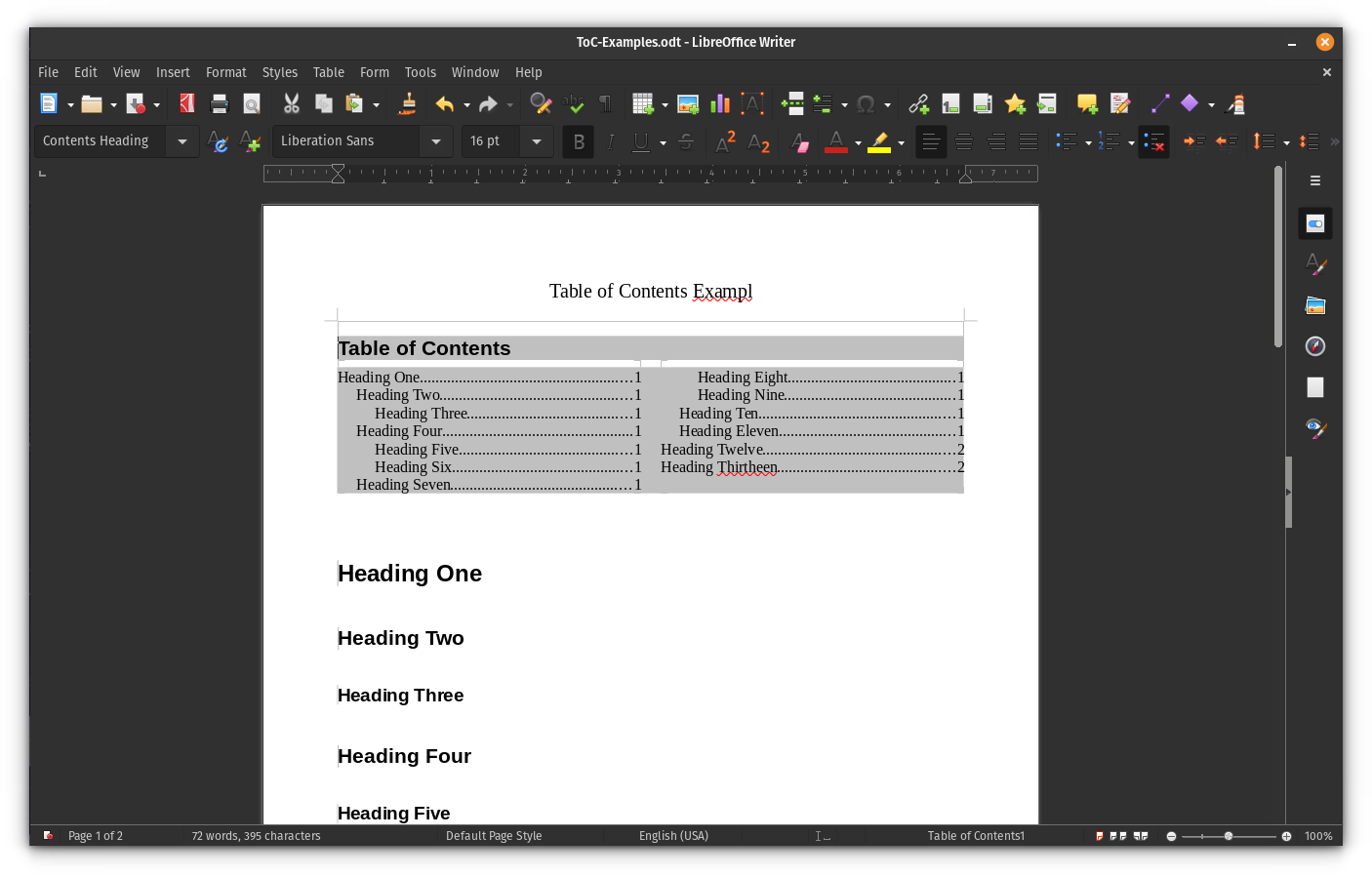The table of contents appearance as a two column layout
